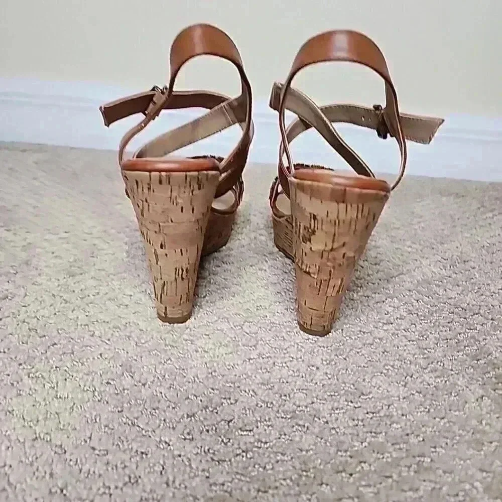 A.N.A‎ A NEW APPROACH BEADED WEDGE SANDALS Heels Brown Blue Cork 7.5 Boho resort